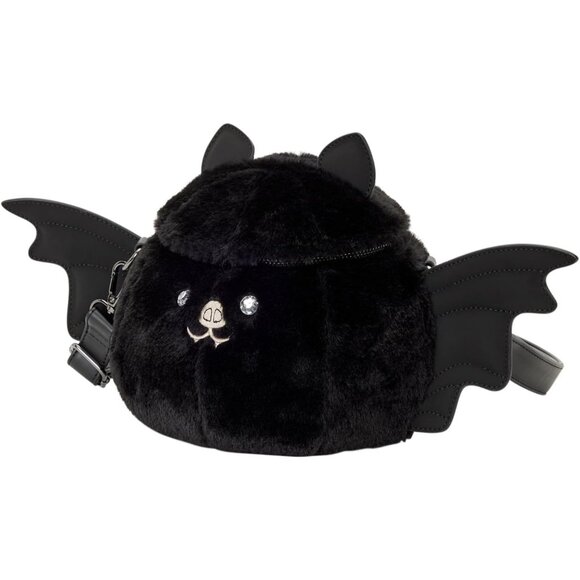Figural Bat Crossbody Bag Faux Leather Plush Embroidered Adjustable Strap - Picture 2 of 4